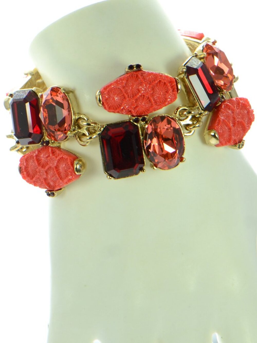 Vintage Oscar De La Renta Carved Resin & Crystal Toggle Bracelet